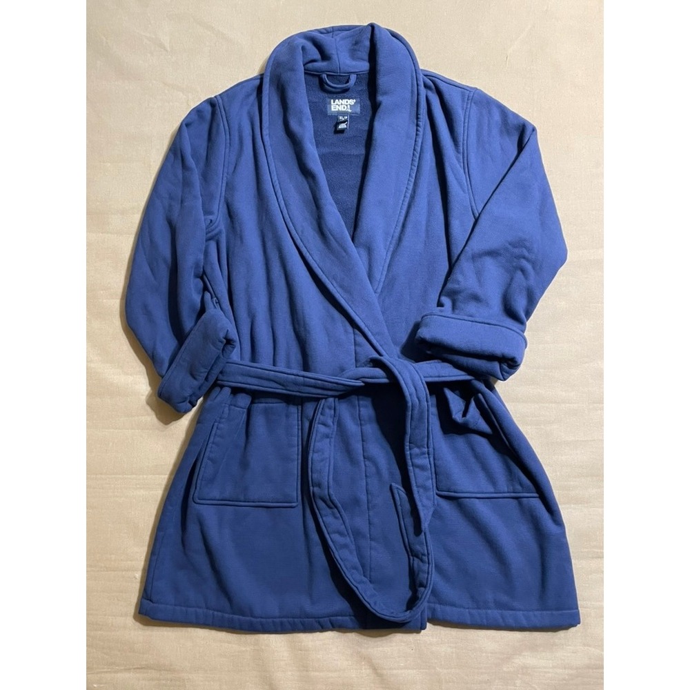 Lands' End Unisex Robe Sz XL Blue 100% Cotton Pockets Heavy Weight Cozy